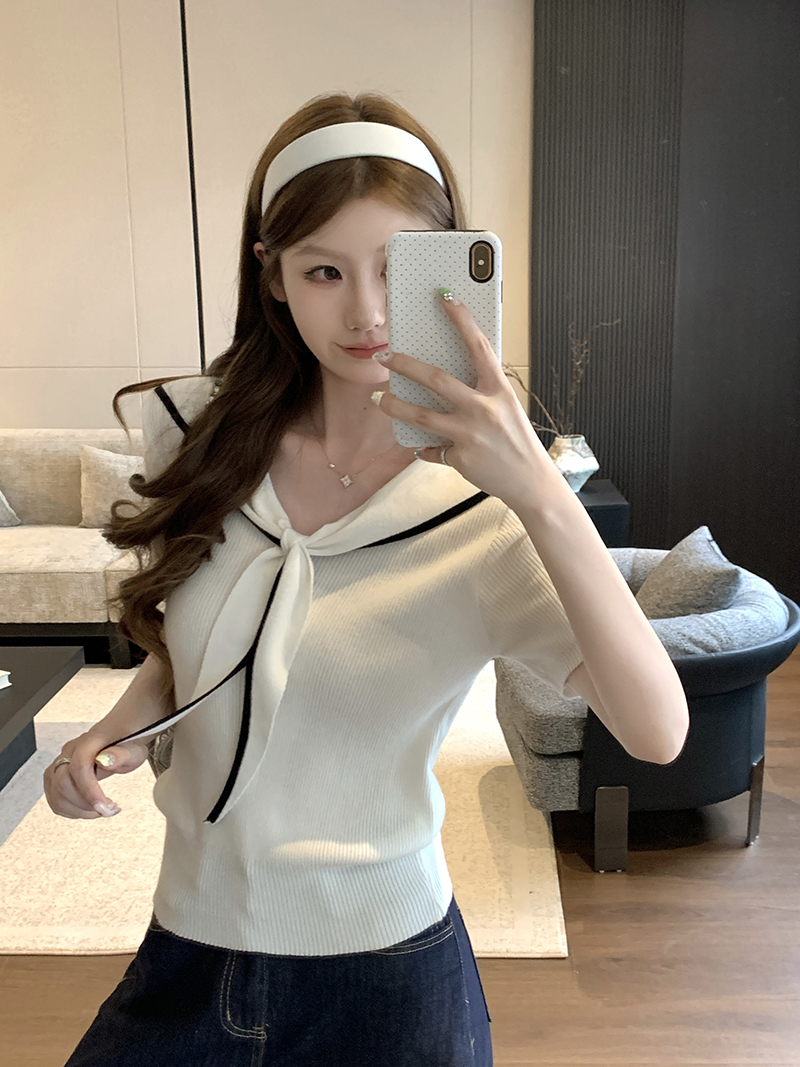 實拍~韓系簡約風短袖上衣女裝2026年新款白色系帶海軍領針織衫