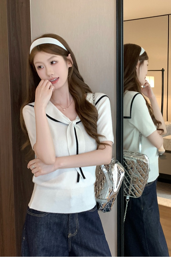 實拍~韓系簡約風短袖上衣女裝2026年新款白色系帶海軍領針織衫