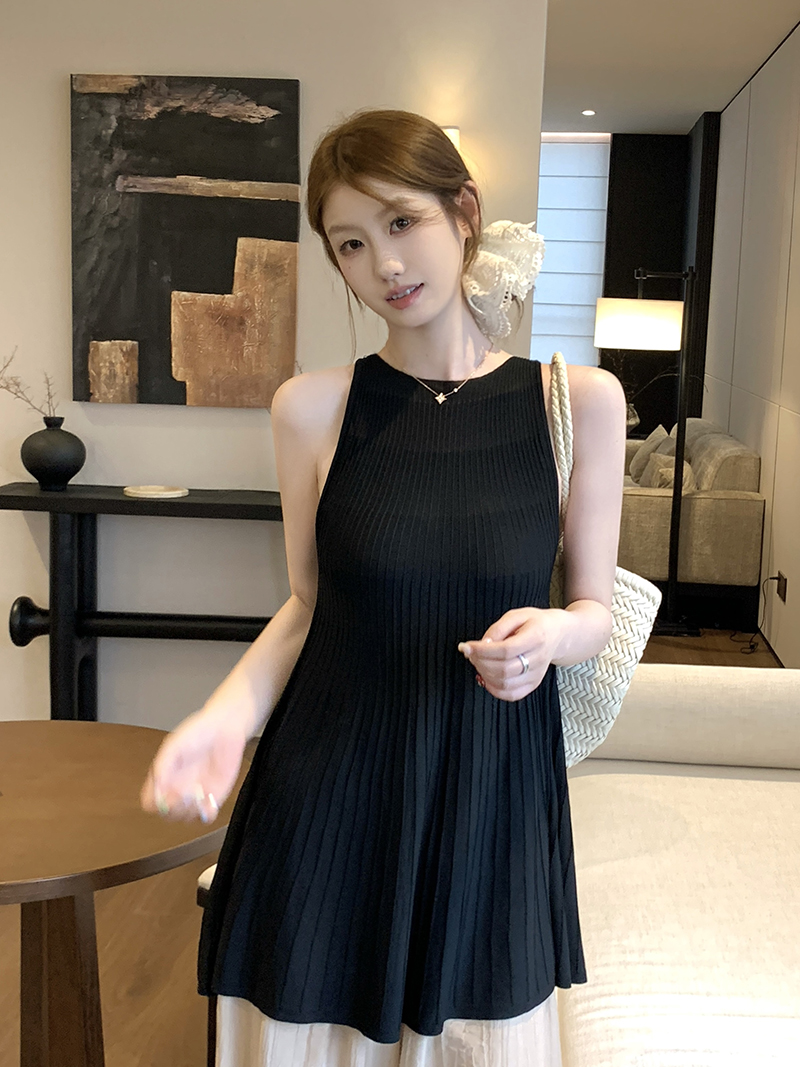 實拍~針織圓領工字背背心女2026夏季豎坑條收腰A字擺顯瘦氣質上衣