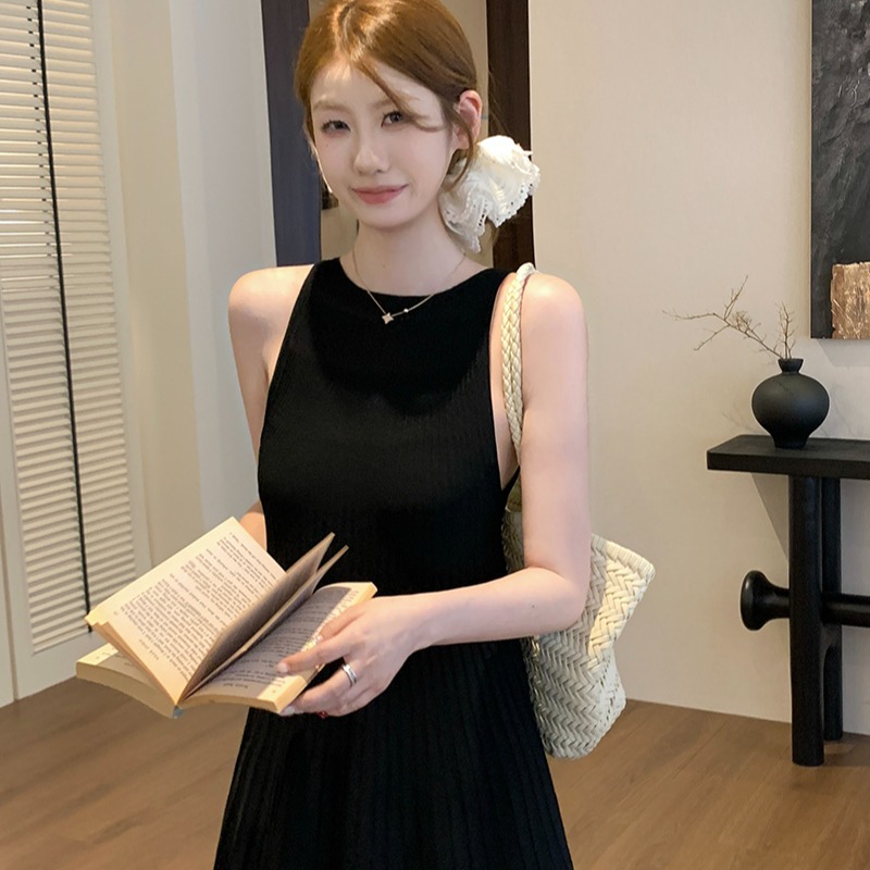 實拍~針織圓領工字背背心女2026夏季豎坑條收腰A字擺顯瘦氣質上衣
