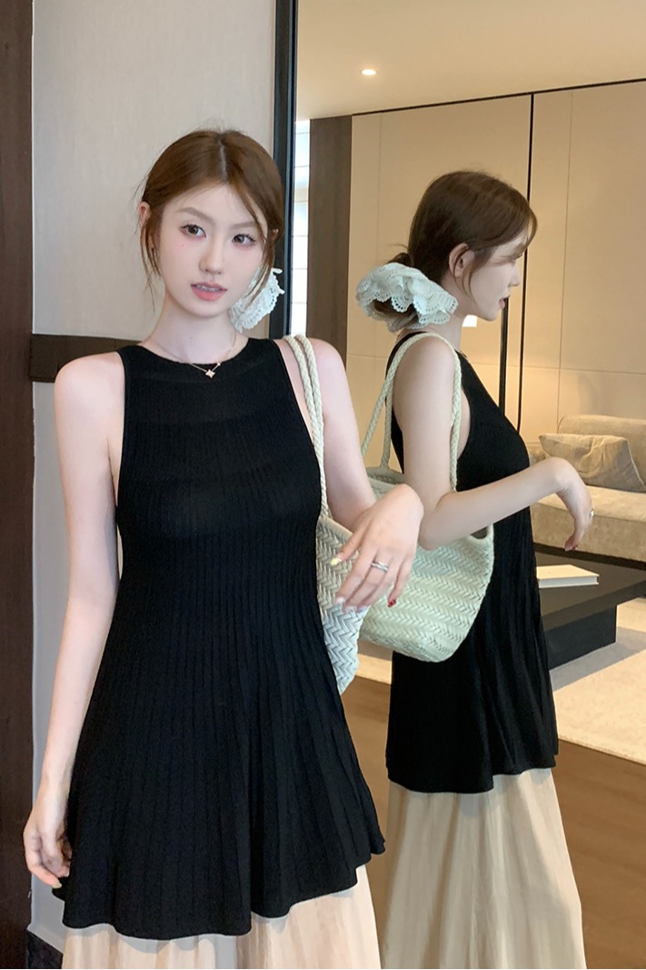 實拍~針織圓領工字背背心女2026夏季豎坑條收腰A字擺顯瘦氣質上衣