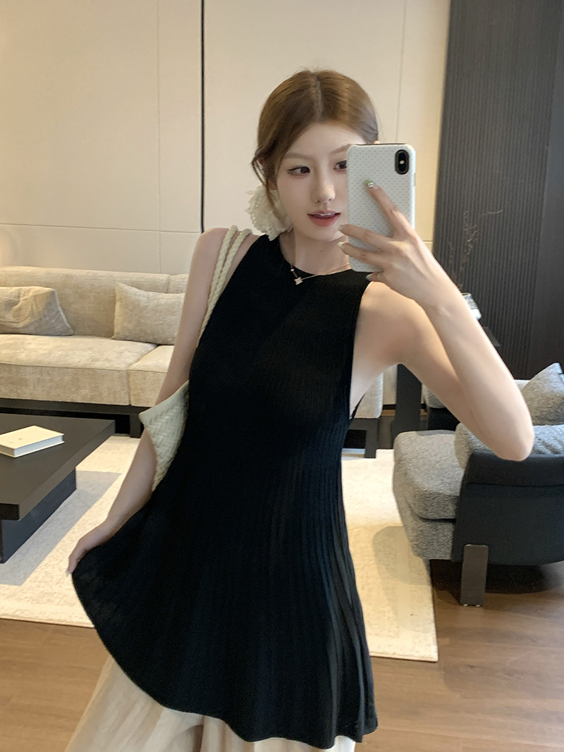實拍~針織圓領工字背背心女2026夏季豎坑條收腰A字擺顯瘦氣質上衣