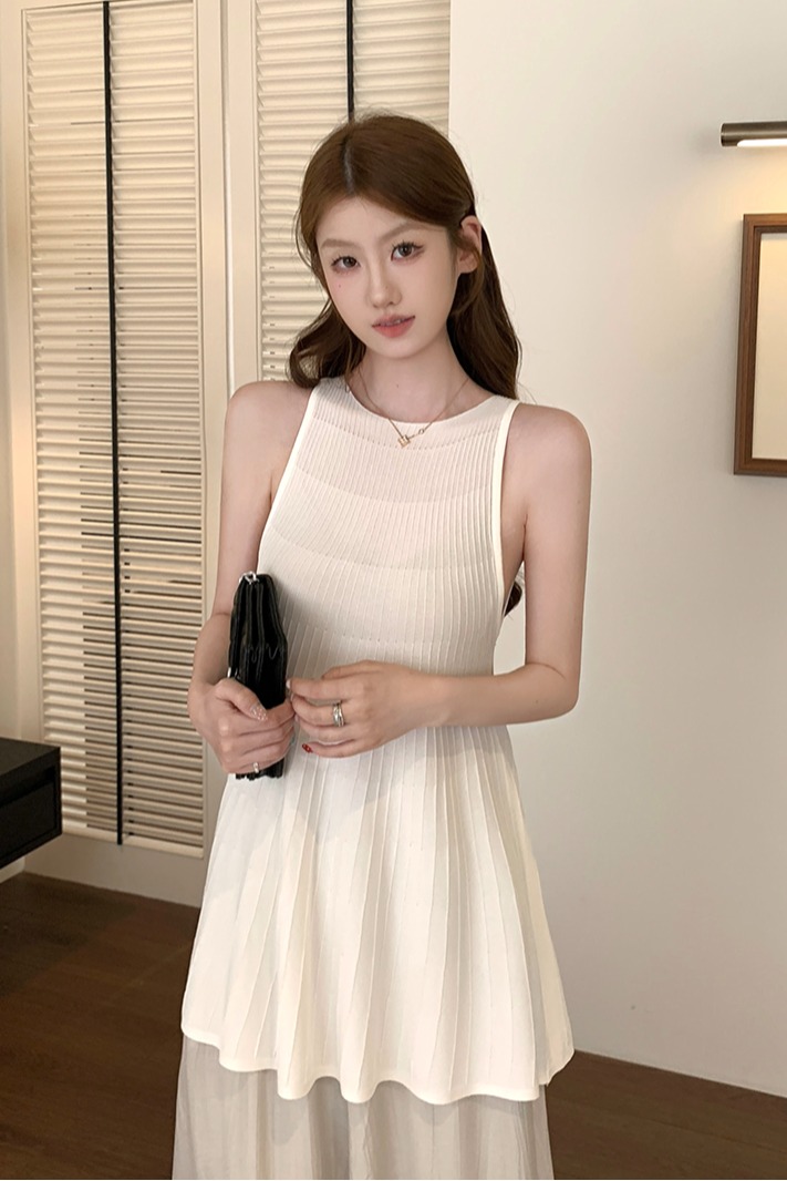 實拍~針織圓領工字背背心女2026夏季豎坑條收腰A字擺顯瘦氣質上衣