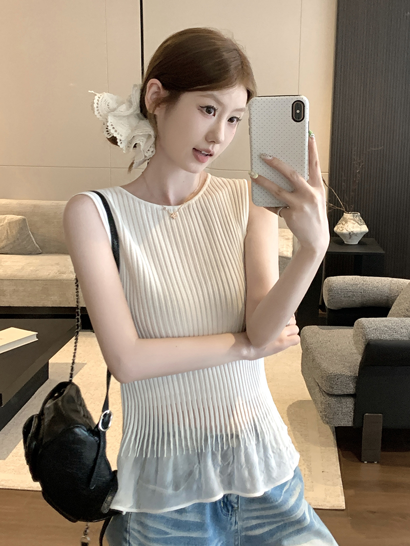 實拍~坑條針織背心女夏季撞色拼接假兩件無袖上衣荷葉邊裙擺小衫