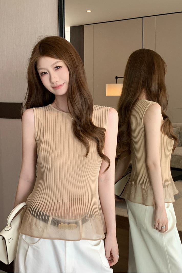 實拍~坑條針織背心女夏季撞色拼接假兩件無袖上衣荷葉邊裙擺小衫