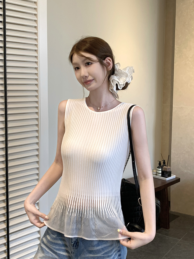 實拍~坑條針織背心女夏季撞色拼接假兩件無袖上衣荷葉邊裙擺小衫