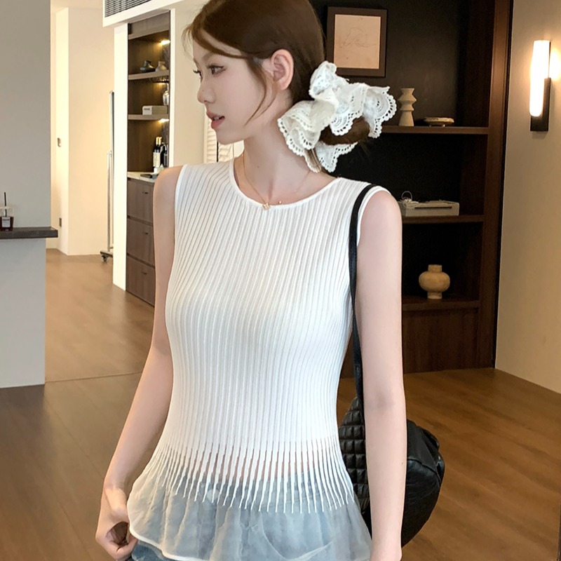 實拍~坑條針織背心女夏季撞色拼接假兩件無袖上衣荷葉邊裙擺小衫