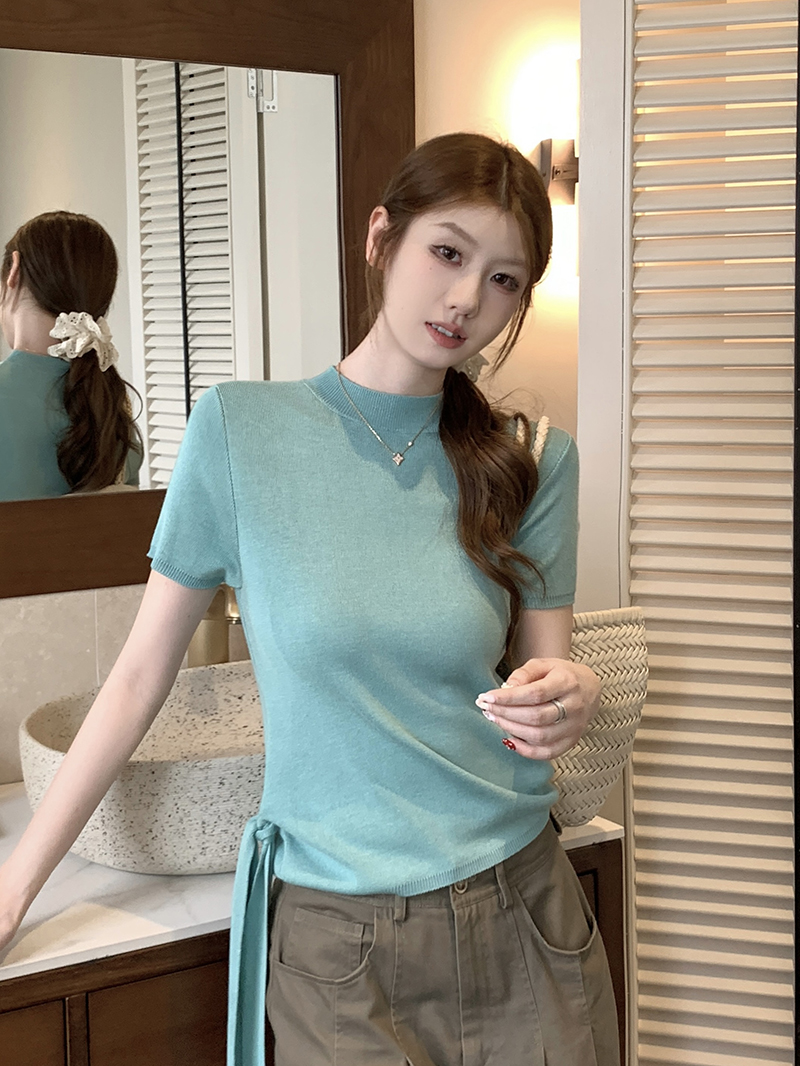 實拍~韓系薄荷綠立領系帶針織短袖T恤女夏季高級感漂亮巨好看上衣