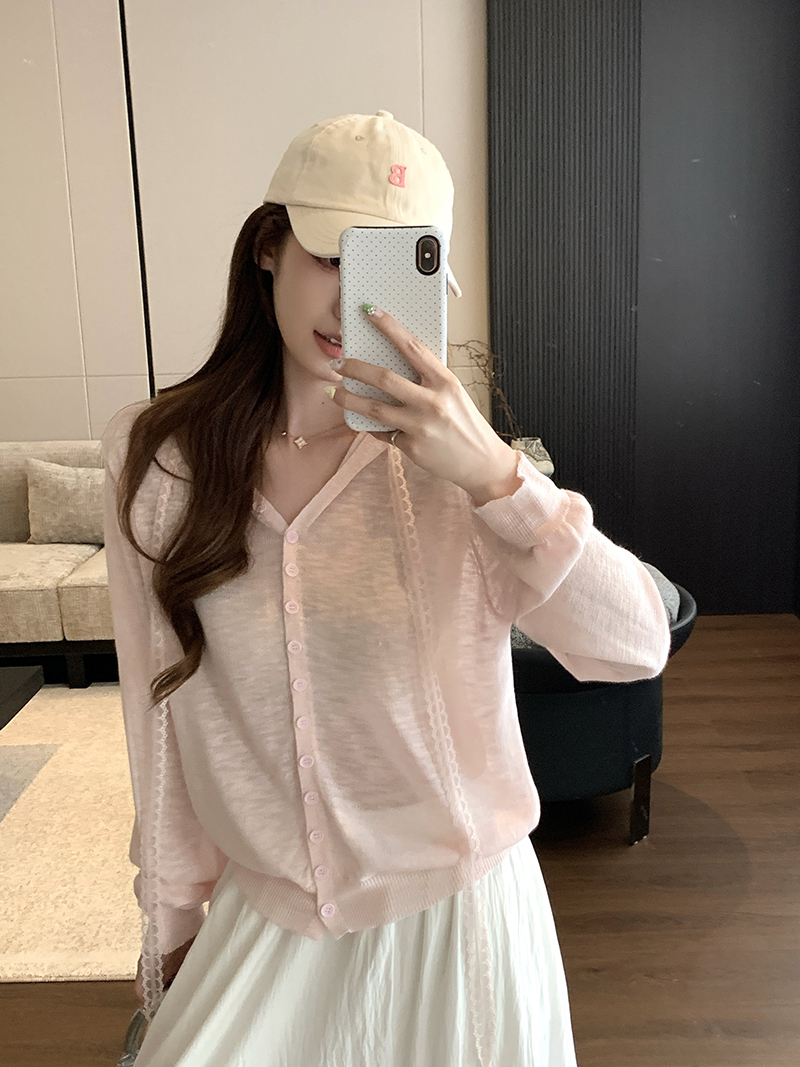 實拍~韓系粉色連帽防曬針織開衫女夏慵懶松弛感外搭罩衫薄款上衣