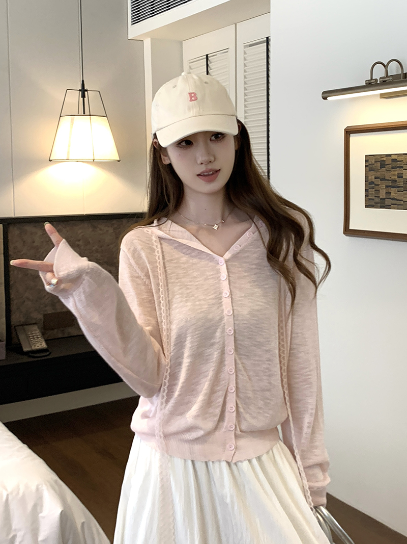實拍~韓系粉色連帽防曬針織開衫女夏慵懶松弛感外搭罩衫薄款上衣