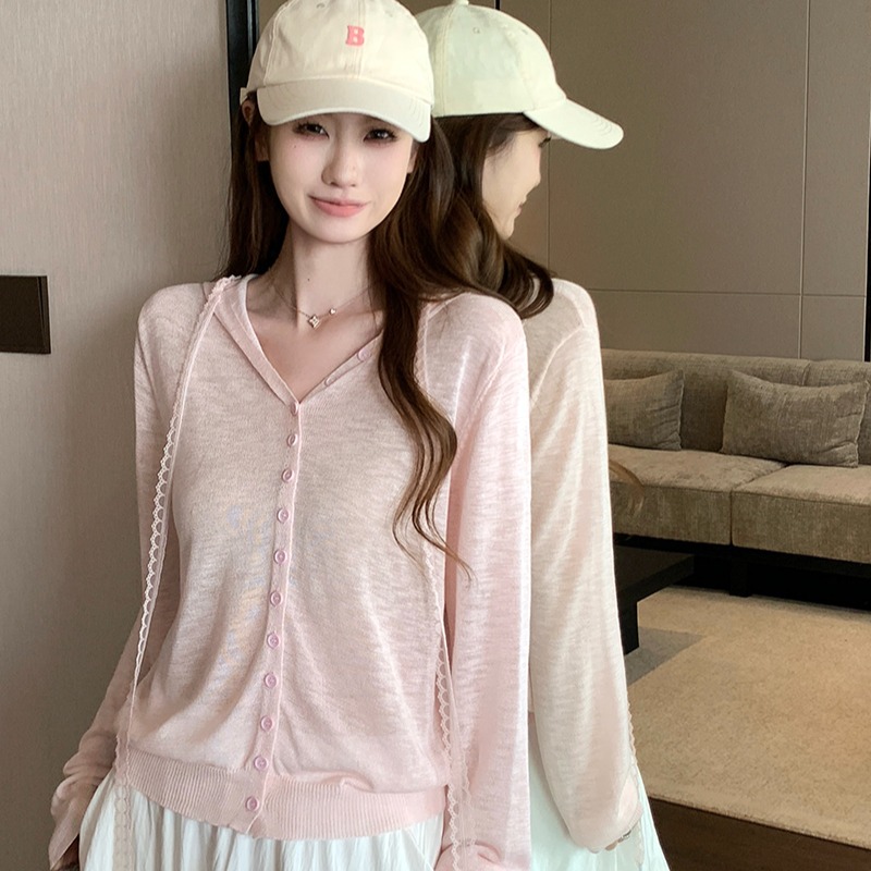 實拍~韓系粉色連帽防曬針織開衫女夏慵懶松弛感外搭罩衫薄款上衣