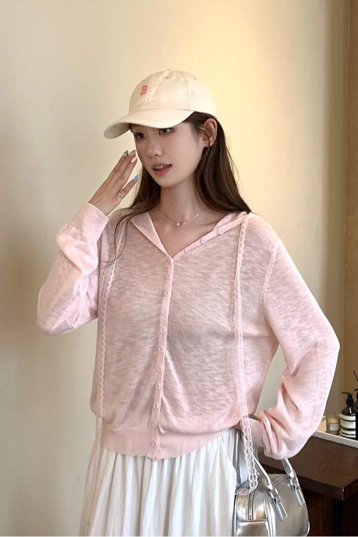 實拍~韓系粉色連帽防曬針織開衫女夏慵懶松弛感外搭罩衫薄款上衣