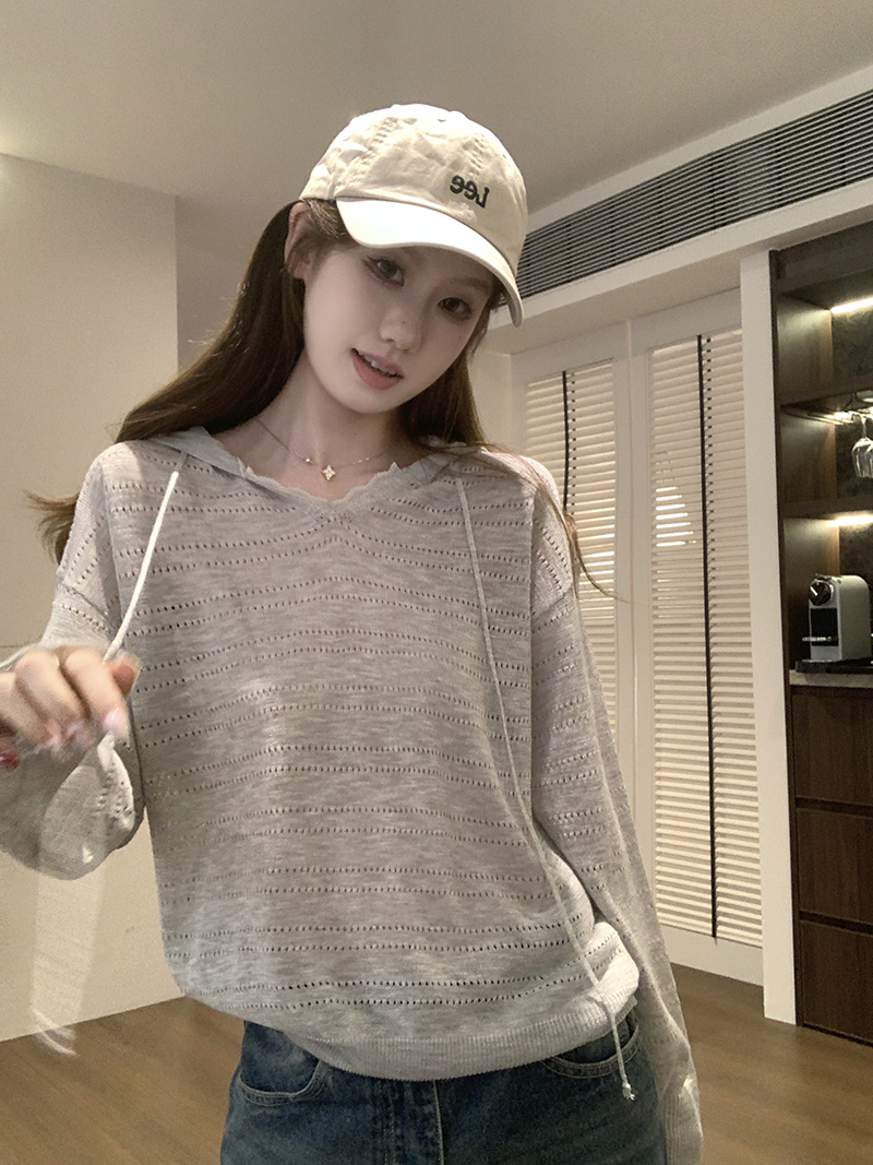 實拍~韓系灰色鏤空連帽防曬針織衫女夏季獨特漂亮外搭小罩衫上衣