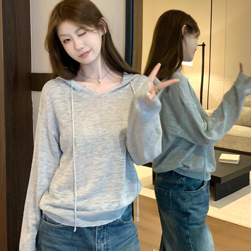 實拍~韓系灰色鏤空連帽防曬針織衫女夏季獨特漂亮外搭小罩衫上衣