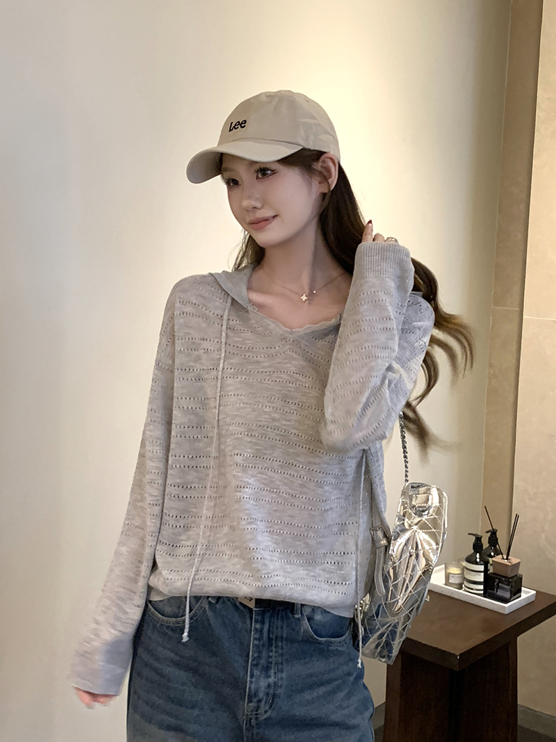 實拍~韓系灰色鏤空連帽防曬針織衫女夏季獨特漂亮外搭小罩衫上衣