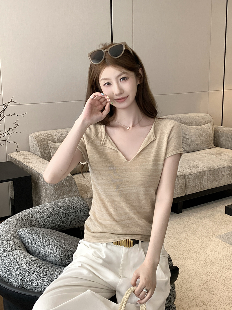 實拍~韓系復古薄款小v領短袖T恤女夏獨特氣質老錢風顯瘦慵懶上衣
