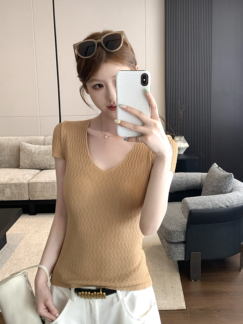 實拍~赫本肌理感短袖針織衫女夏季法式半高領修身顯瘦短款上衣