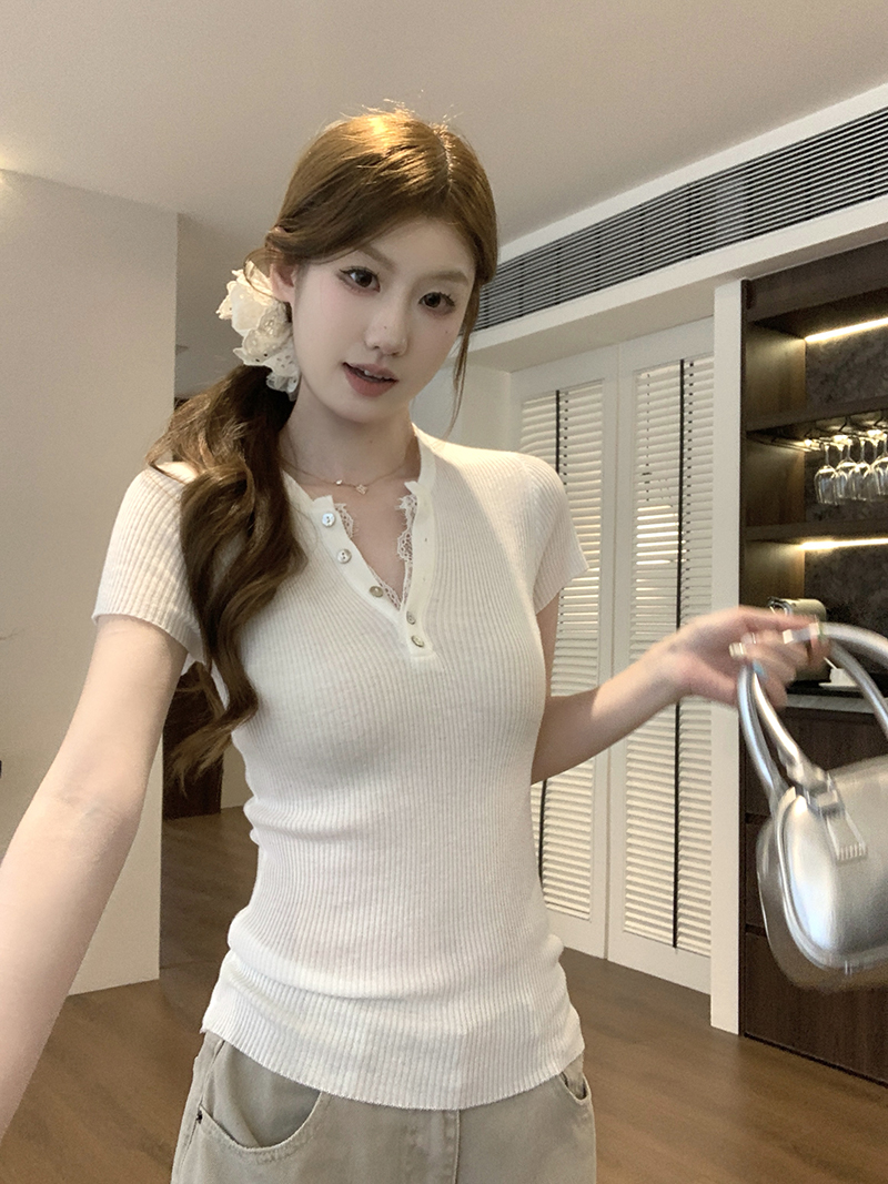 實拍~韓系純欲蕾絲V領短袖針織衫女夏季獨特漂亮絕美上衣
