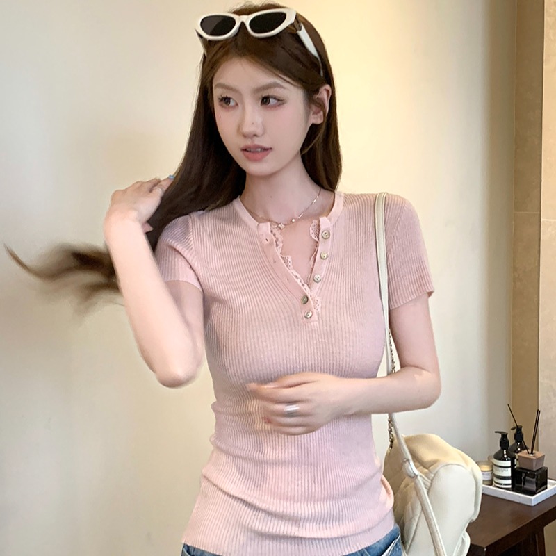 實拍~韓系純欲蕾絲V領短袖針織衫女夏季獨特漂亮絕美上衣
