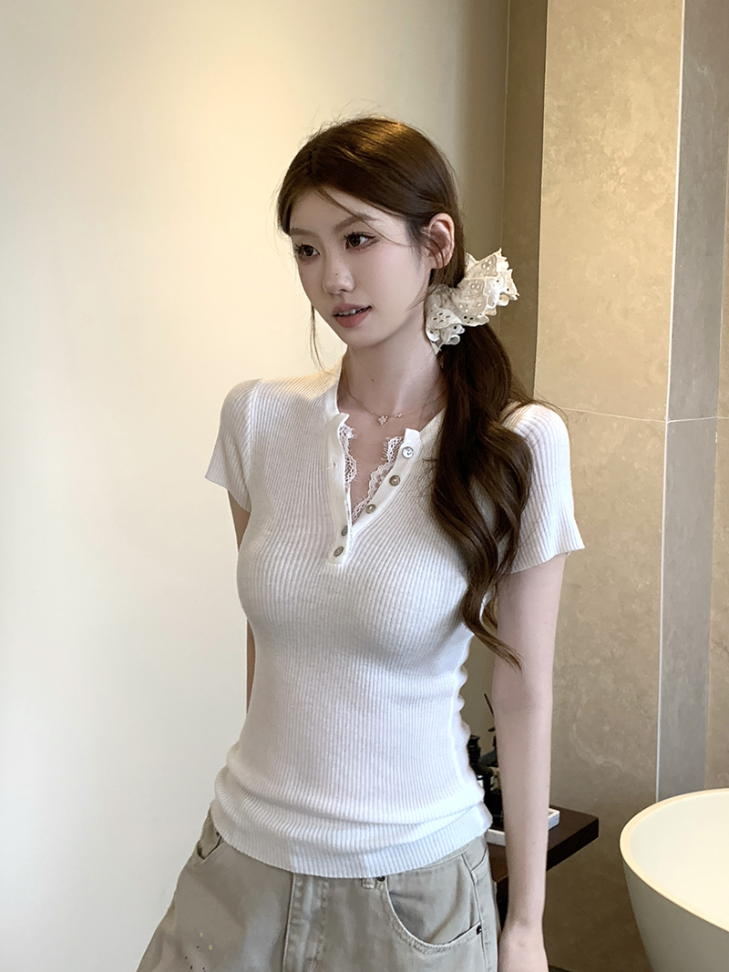 實拍~韓系純欲粉色蕾絲V領短袖針織衫女夏季獨特漂亮絕美上衣
