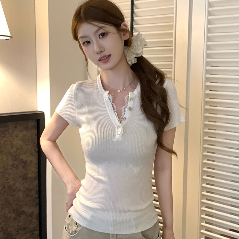 實拍~韓系純欲粉色蕾絲V領短袖針織衫女夏季獨特漂亮絕美上衣