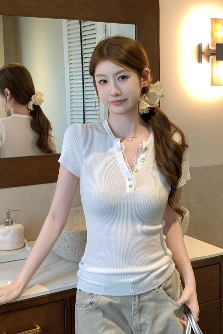 實拍~韓系純欲粉色蕾絲V領短袖針織衫女夏季獨特漂亮絕美上衣