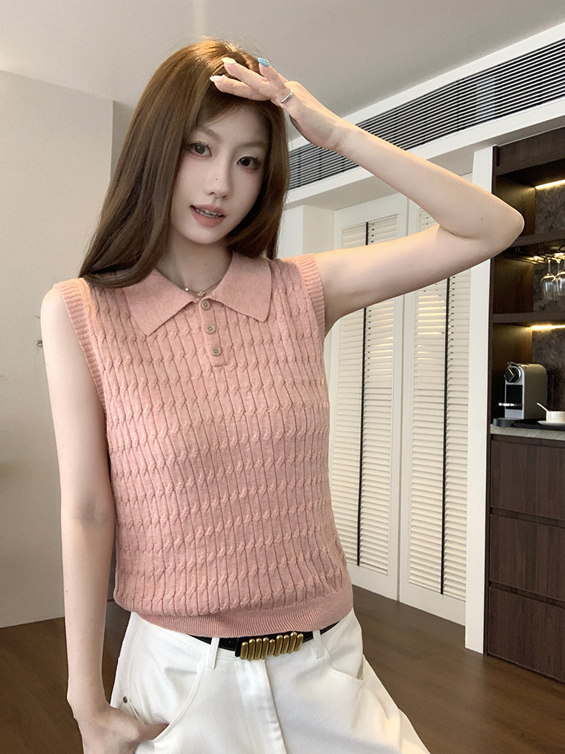 實拍~韓系西柚粉polo領針織短袖T恤女夏季高級感氣質翻領上衣