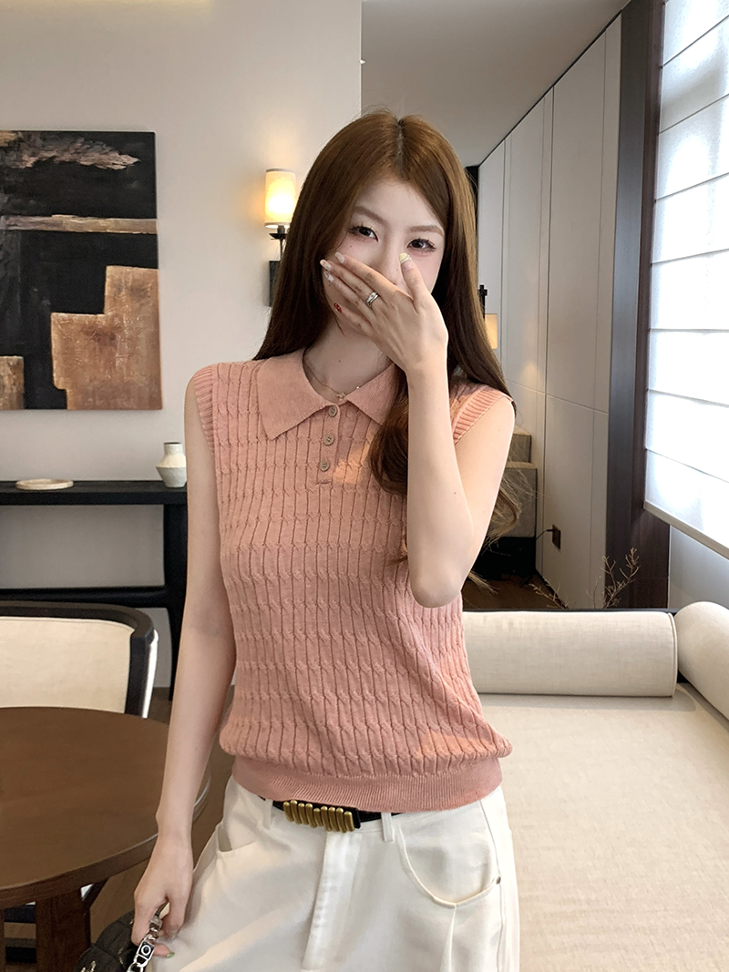 實拍~韓系西柚粉polo領針織短袖T恤女夏季高級感氣質翻領上衣