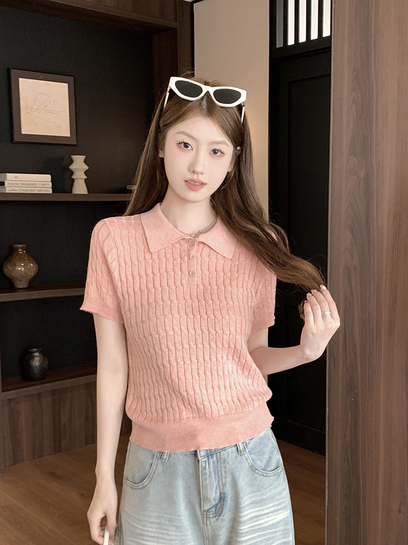 實拍~韓系西柚粉polo領針織短袖T恤女夏季高級感氣質翻領上衣