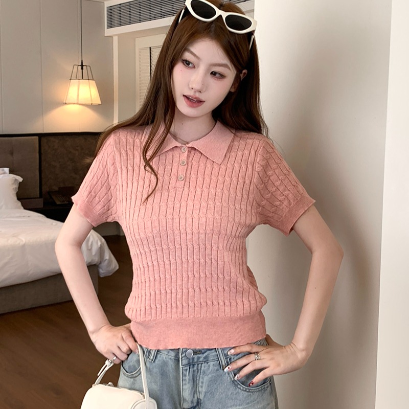 實拍~韓系西柚粉polo領針織短袖T恤女夏季高級感氣質翻領上衣
