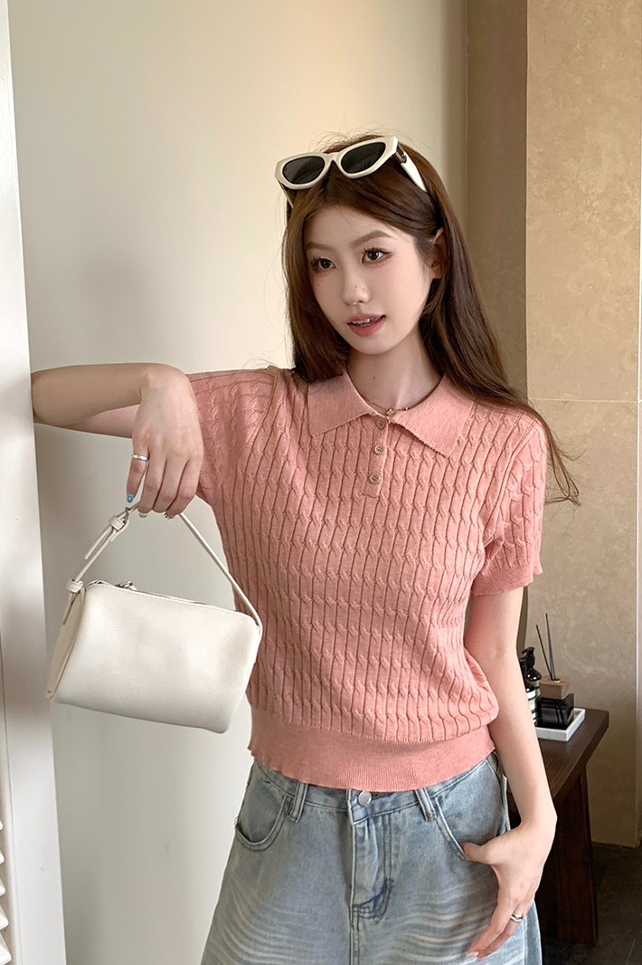 實拍~韓系西柚粉polo領針織短袖T恤女夏季高級感氣質翻領上衣