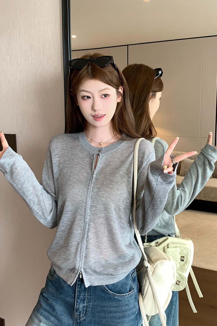 實拍~韓系雙拉鏈長袖針織開衫女2026夏季寬松顯瘦洋氣減齡上衣