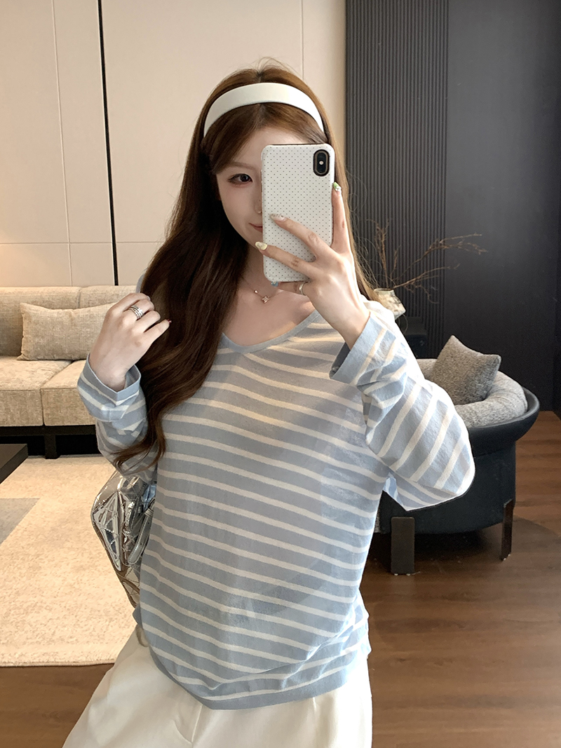 實拍~韓系藍色條紋防曬正肩長袖T恤女夏季外搭寬松薄款罩衫上衣