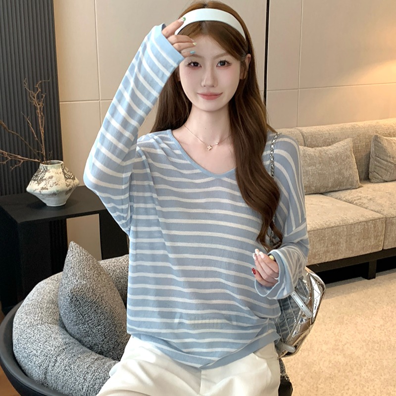 實拍~韓系藍色條紋防曬正肩長袖T恤女夏季外搭寬松薄款罩衫上衣