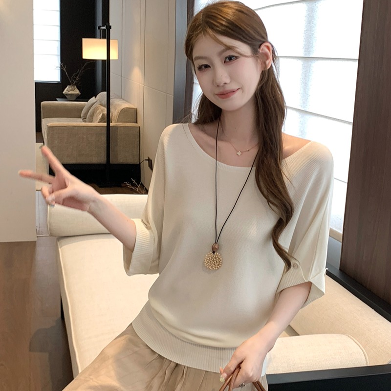 實拍~蝙蝠袖針織衫一字領斜肩兩穿短袖女