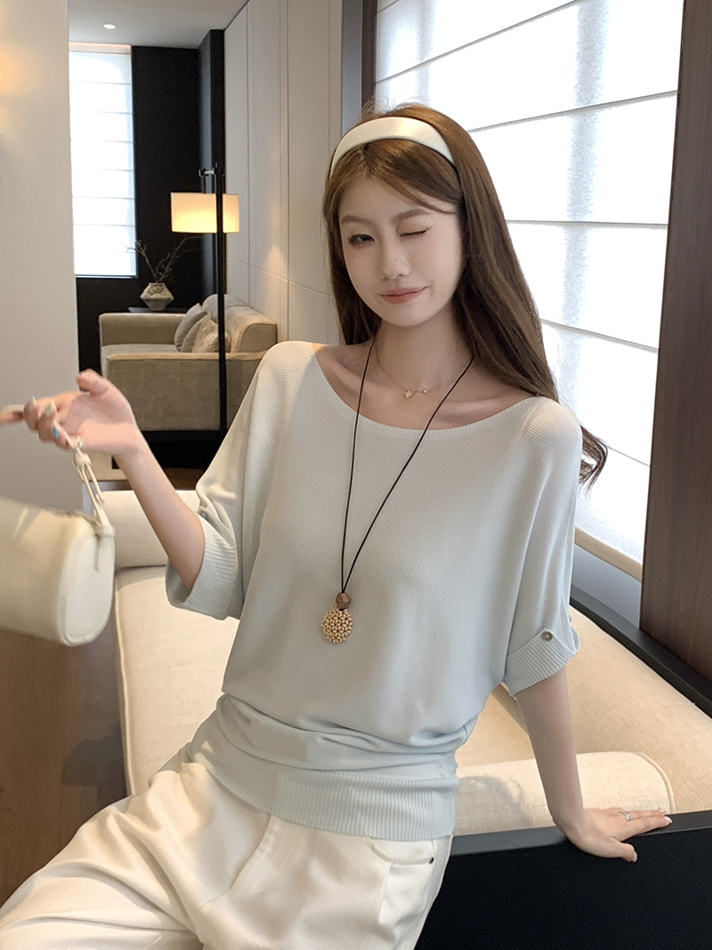 實拍~蝙蝠袖針織衫一字領斜肩兩穿短袖女