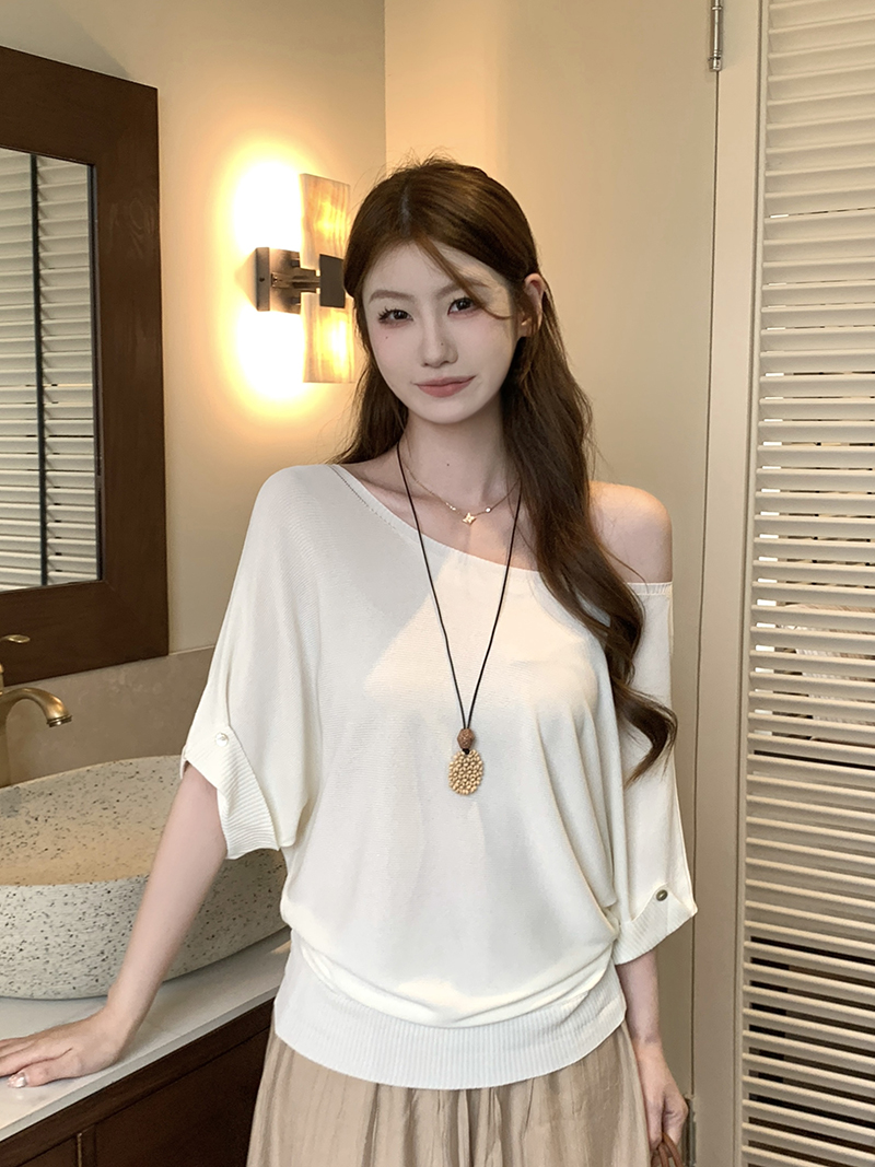 實拍~蝙蝠袖針織衫一字領斜肩兩穿短袖女