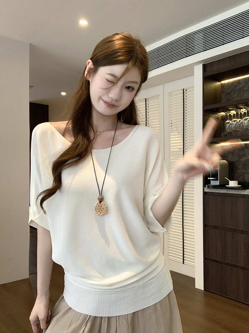 實拍~蝙蝠袖針織衫一字領斜肩兩穿短袖女