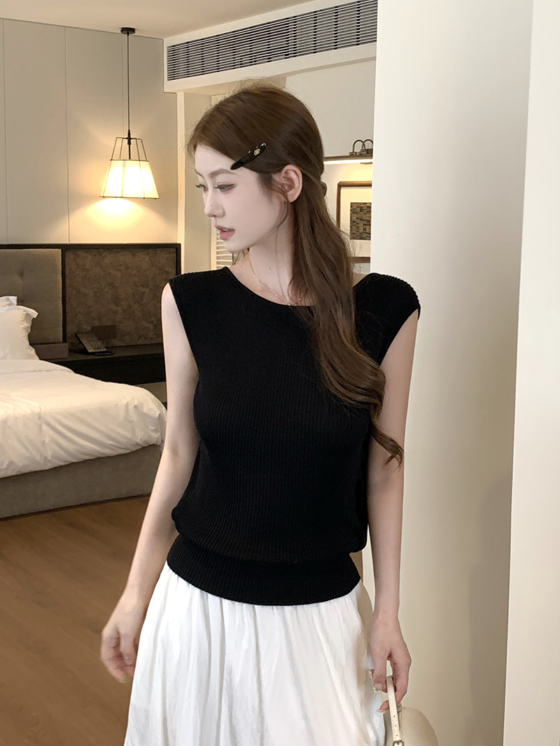 實拍~韓系chic別致黑色無袖針織T恤女夏季設計感小眾漂亮露背上衣