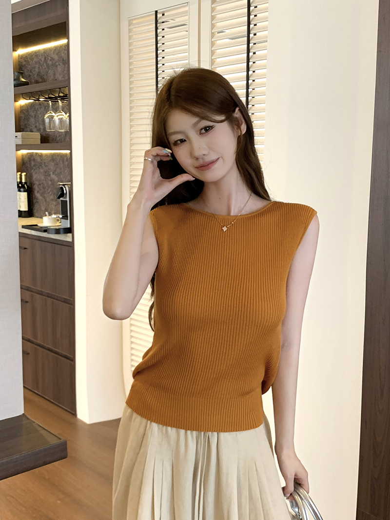 實拍~韓系chic別致黑色無袖針織T恤女夏季設計感小眾漂亮露背上衣