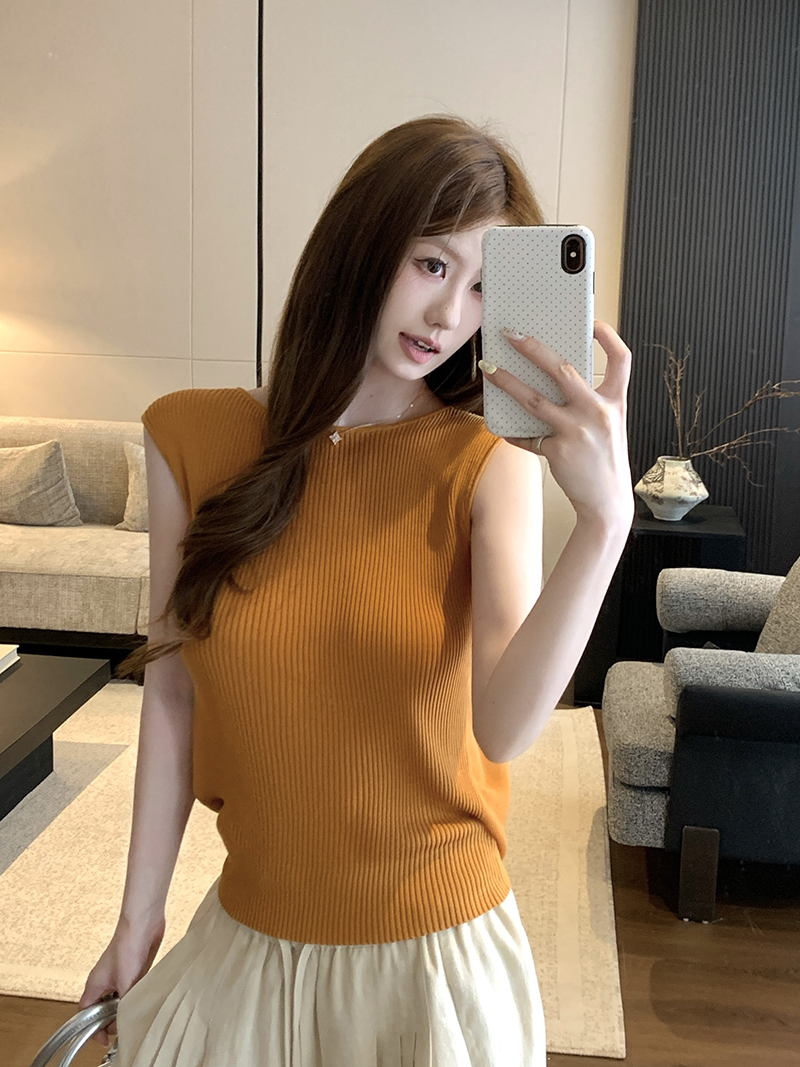 實拍~韓系chic別致黑色無袖針織T恤女夏季設計感小眾漂亮露背上衣