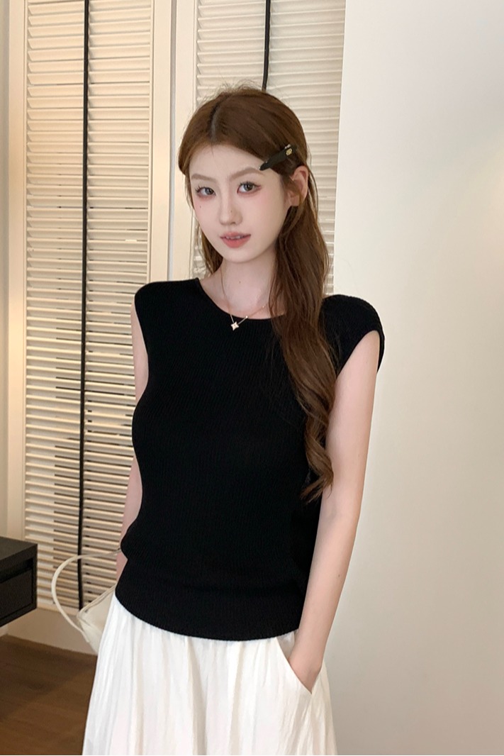 實拍~韓系chic別致黑色無袖針織T恤女夏季設計感小眾漂亮露背上衣