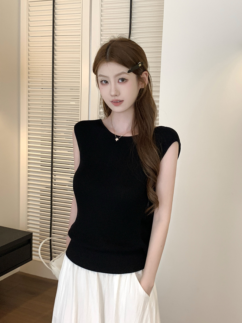 實拍~韓系chic別致黑色無袖針織T恤女夏季設計感小眾漂亮露背上衣
