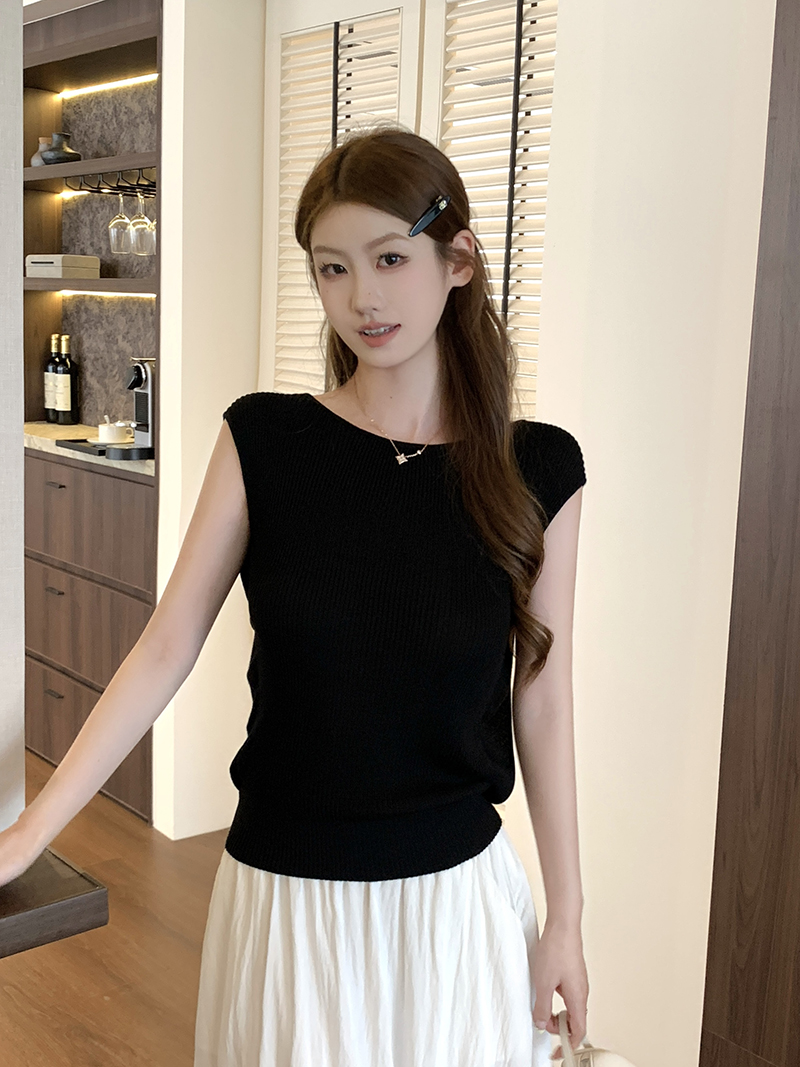 實拍~韓系chic別致黑色無袖針織T恤女夏季設計感小眾漂亮露背上衣