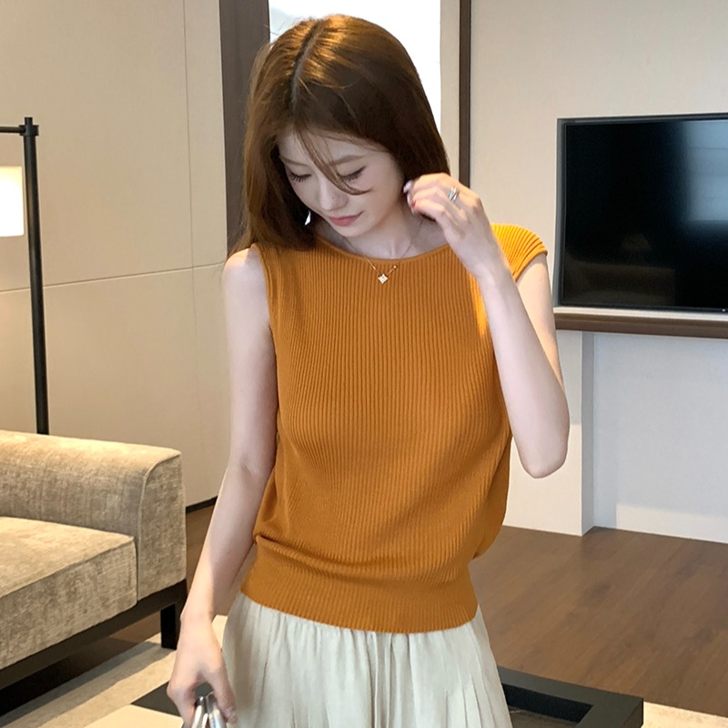 實拍~韓系chic別致黑色無袖針織T恤女夏季設計感小眾漂亮露背上衣