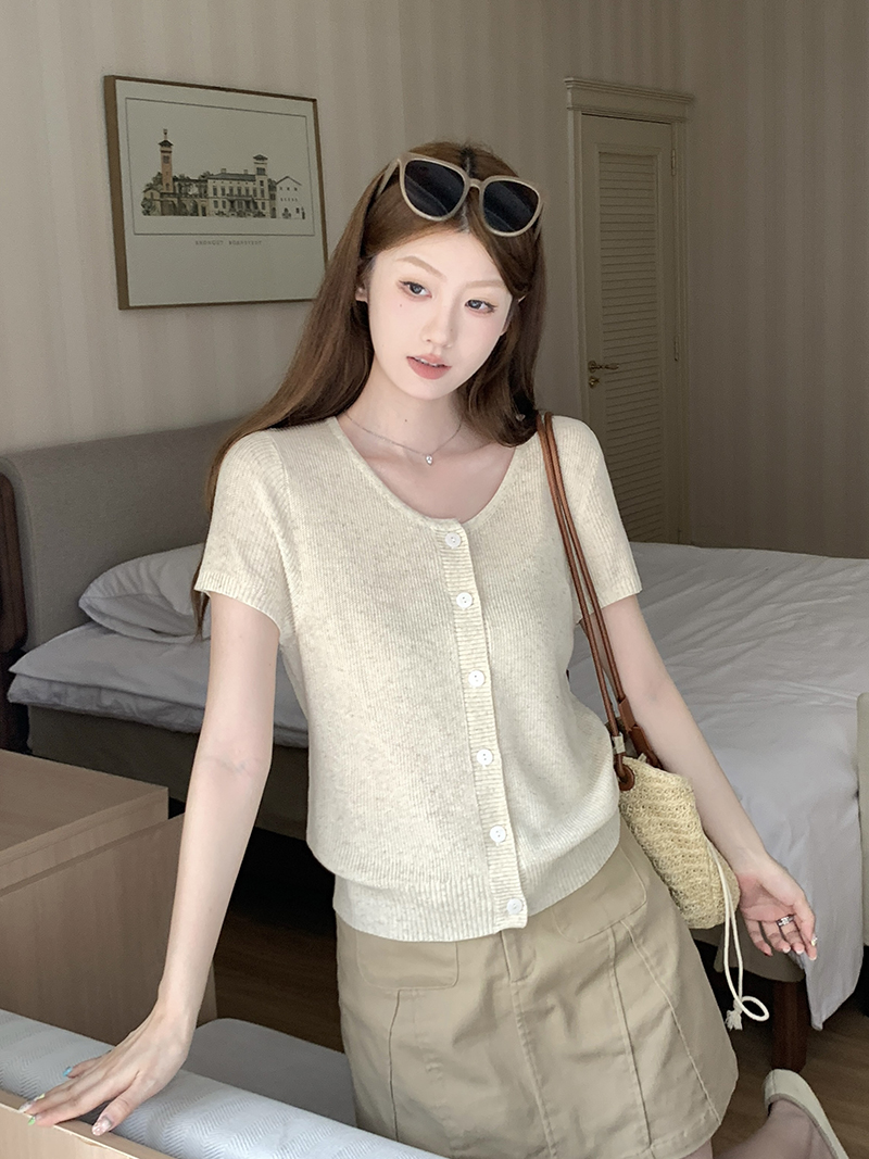 實拍~韓式chic風針織短袖T恤女夏季薄款絕美氣質開衫修身顯瘦上衣
