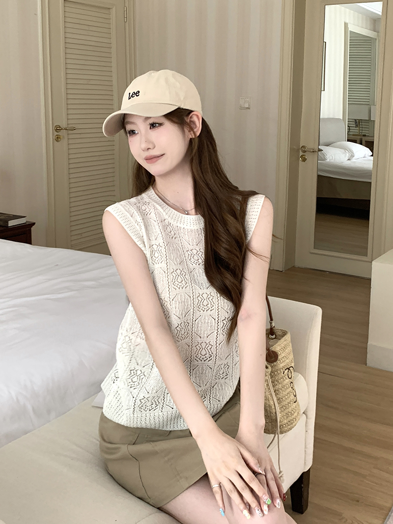 實拍~復古鏤空提花顯瘦無袖圓領針織衫背心女外穿上衣