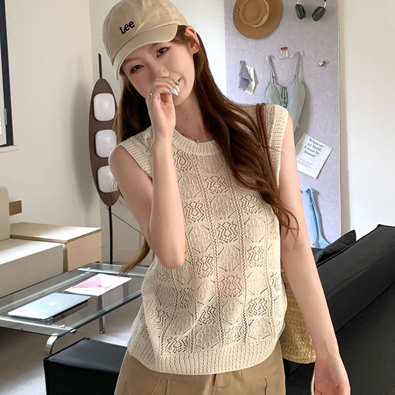 實拍~復古鏤空提花顯瘦無袖圓領針織衫背心女外穿上衣