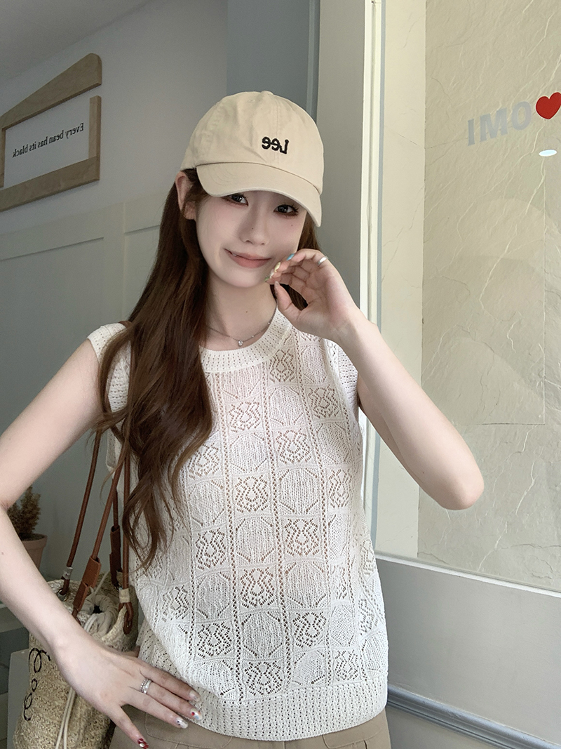 實拍~復古鏤空提花顯瘦無袖圓領針織衫背心女外穿上衣