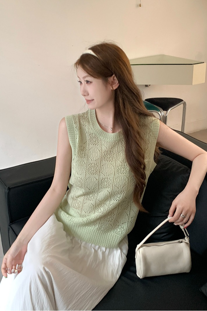 實拍~復古鏤空提花顯瘦無袖圓領針織衫背心女外穿上衣